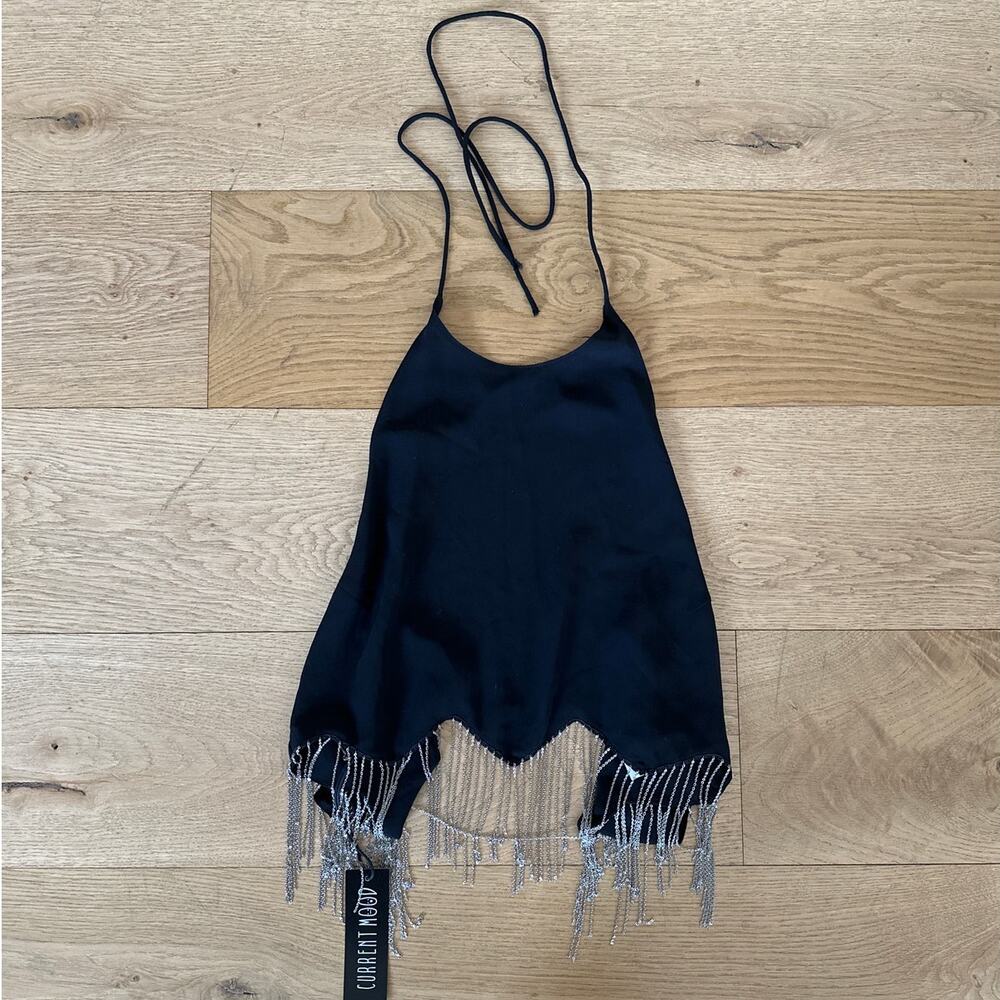 Current Mood - Chain Hem Tie Back Halter Neck Top in Black & Silver